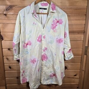Lauren Ralph Lauren LRL Tunic Top Button Up Cotton Yellow Floral Womens XL